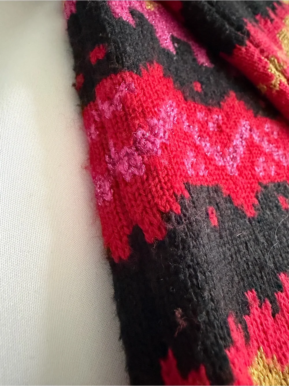 kate spade Black Crewneck Sweater with Pink, Red & Gold Fair Isle